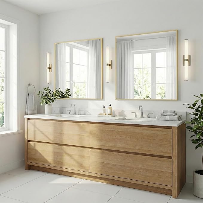 36"x36" Square Gold Bathroom Mirror, Shatterproof Tempered Glass, Brass Tone Large Geometric Mirror, Ultra-Flush Wall-Mounted