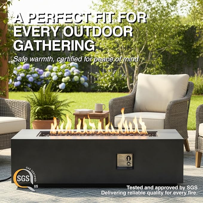 HillAethel 60-Inch Rectangular Propane Fire Pit Table, 60,000 BTU Concrete Outdoor Gas Fire Pit Table with Waterproof Cover, Tank Seat, Free Lava Rocks, for Outside Patio Backyard, Dark Grey
