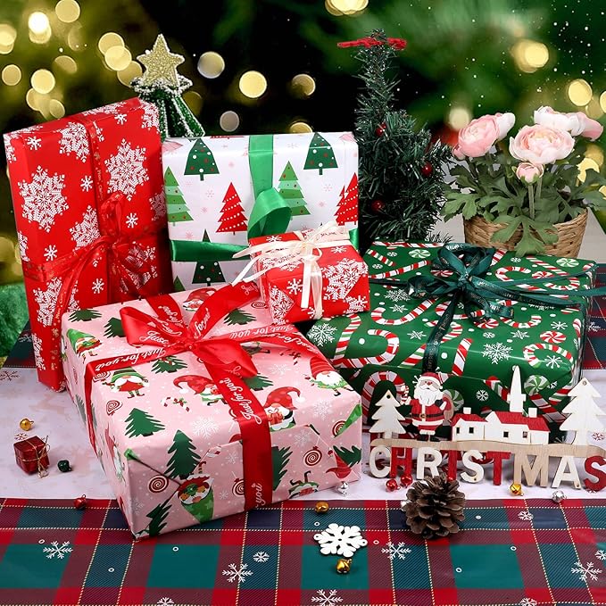Panigkids Christmas Wrapping Paper 4 Rolls with Santa Claus, Snowflakes, Candy, Pine Designs, for Men Women Kids, 16.9 In x 16.4 Feet, for Christmas, Holiday, Party Celebration