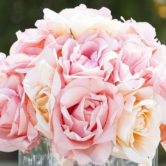 Enova Floral 18 Pieces Artificial Silk Roses Fake Flower Arrangement in Cube Glass Vase with Faux Water for Home Office Wedding Decoration (Pink)