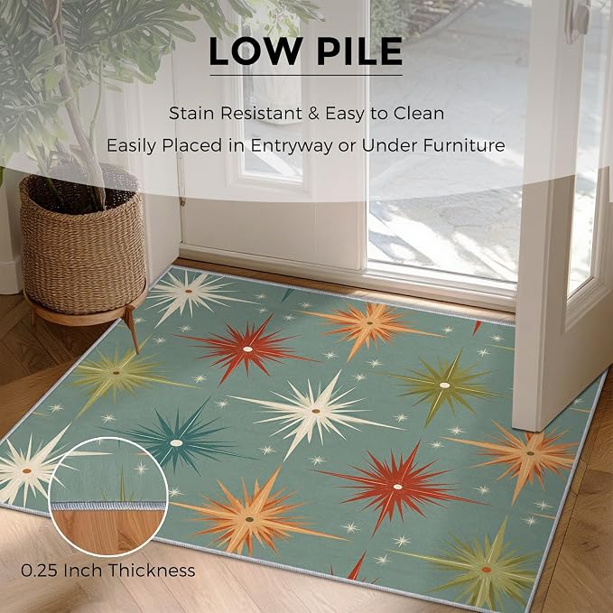 Mid Century Modern Rugs for Entryway, 2x3 ft, Retro Atomic Geometric Area Rugs for Bedroom Kitchen Entrance, Soft Non Slip Washable 1950s MCM Starburst Indoor Door Mat Home Decorations D-g48
