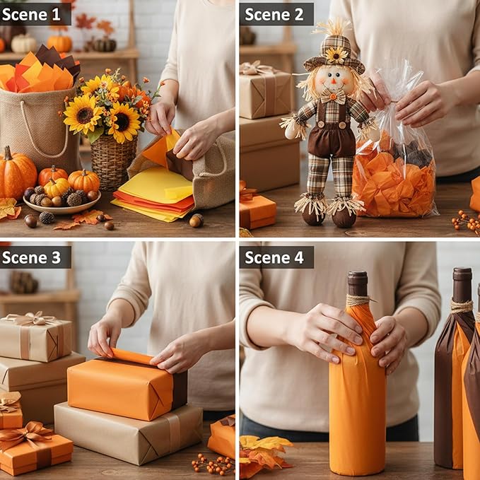 Qilery 500 Sheets Thanksgiving Orange Brown Tissue Paper Bulk Fall Yellow Colored Wrapping Tissue Sheets for Gift Bags 15 x 20 Inch Acid Free Decoupage Paper for Friendsgiving Harvest DIY Craft