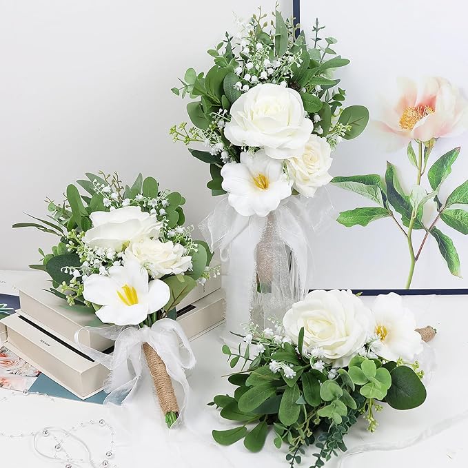 Set of 2 Bridesmaid Bouquets for Wedding - 7 Inch Artificial Flowers Bouquets for Ceremony Anniversary Centerpieces Decorations - White