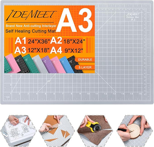 Density-upgraded 18"x12" Self Healing Cutting Mat, Idemeet Rotary Sewing Mat for Crafts, 5-Ply Blade Table Protector Cut Board for Fabric Leather Cutting Quilting Modeling Hobby Project, A3, Gray