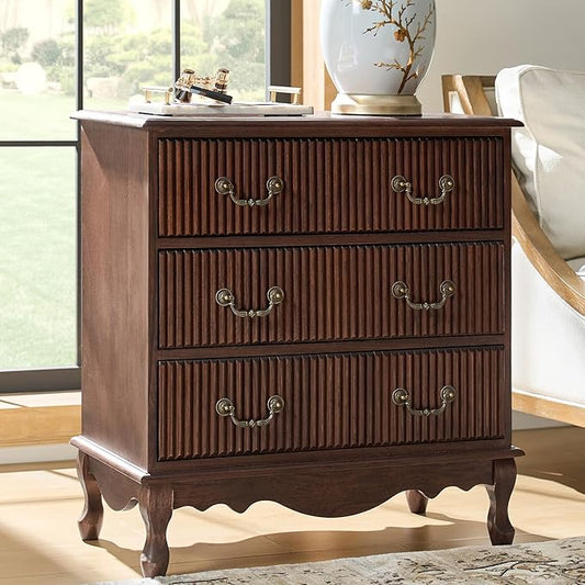 HULALA HOME Transitional Side Table with 3 Drawers and Charging Station, 28" Solid Paulownia Wood Sidetable with Vertical Stripe, Walnut