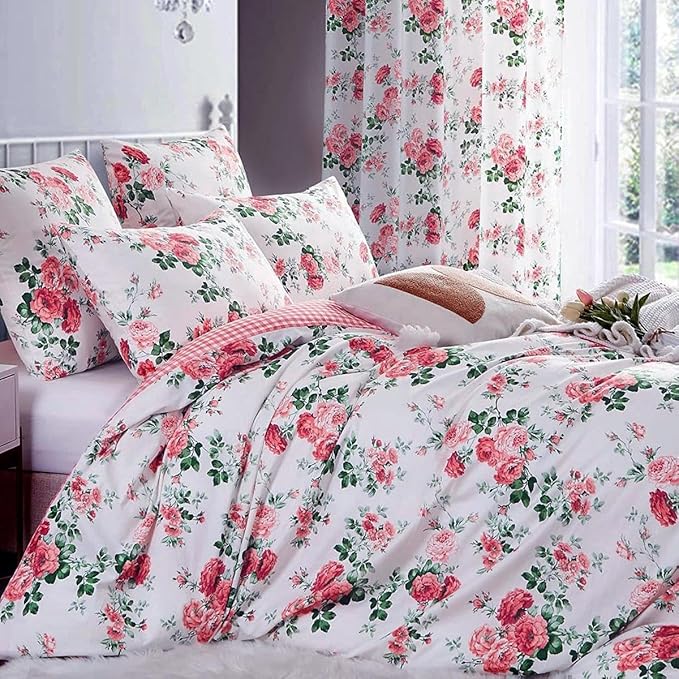 Rose Flower Duvet Cover Twin XL Pink Plaid Grid Floral Duvet Cover 100% Microfiber Girls Flower Comforter Cover with Zipper Closure Cottagecore Bedding Set Botanical Floral Comforter Cover Twin XL