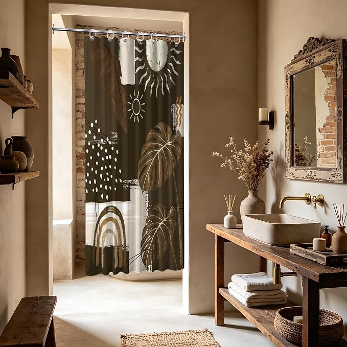 Dark Brown Mid Century Modern Shower Curtain Boho Abstract Khaki Earth Tone Shower Curtains for Bathroom Decor Sets, Waterproof Cloth Fabric with Hooks, 36 x 72 Inch