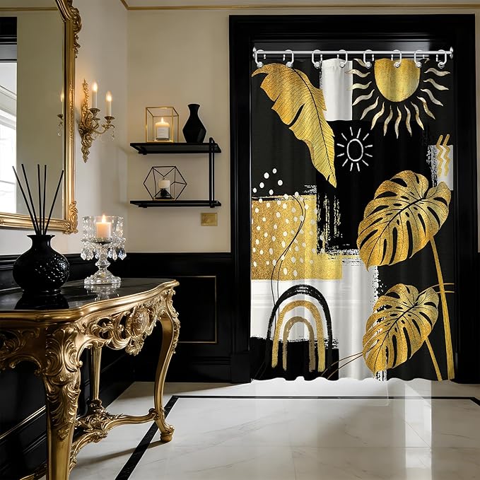 Small Stall Narrow Black and Gold Shower Curtain Boho Stand Up Abstract Dark Mens Shower Curtains for Rv Camper Bathroom Decor Sets, Waterproof Cloth Fabric with Hooks, 48 x 72 Inch
