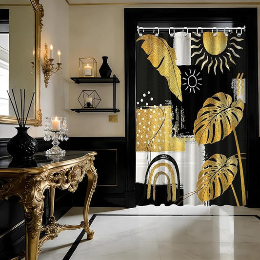 Small Stall Narrow Black and Gold Shower Curtain Boho Stand Up Abstract Dark Mens Shower Curtains for Rv Camper Bathroom Decor Sets, Waterproof Cloth Fabric with Hooks, 48 x 72 Inch