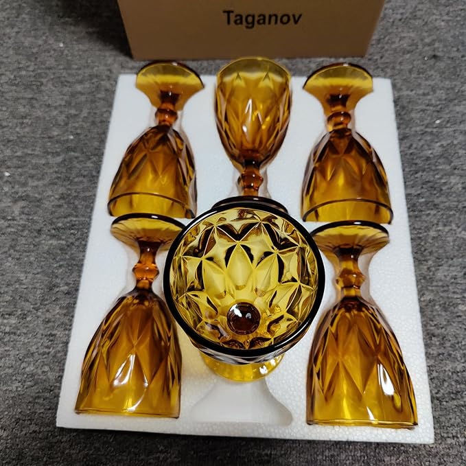 Taganov Amber Wine Glasses set of 6 Vintage Glassware Drinking Goblets 10 oz for Wedding Party Bar Pretty Colored Water Red Drinking Glasses