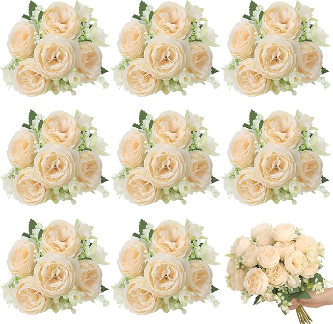8 Pack Champagne Peonies Artificial Flowers, Cream Fake Silk Hydrangea Bouquet for Bridal Wedding Home Table Decor Reusable Dining Opening Ceremony Birthday Arrangement Faux Floral