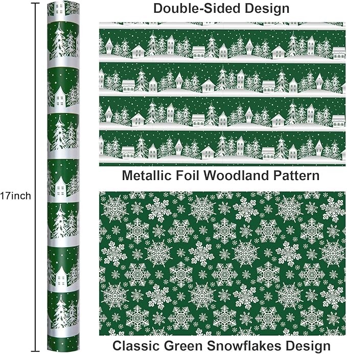 MAYPLUSS Christmas Wrapping Paper Roll, Green Gift Wrap, Vintage Green Silver Winter Forest Christmas Themed Wrapping Paper for Holiday Gift Packaging, Party(Mini Roll, 17 Inch X 16.5 Feet)