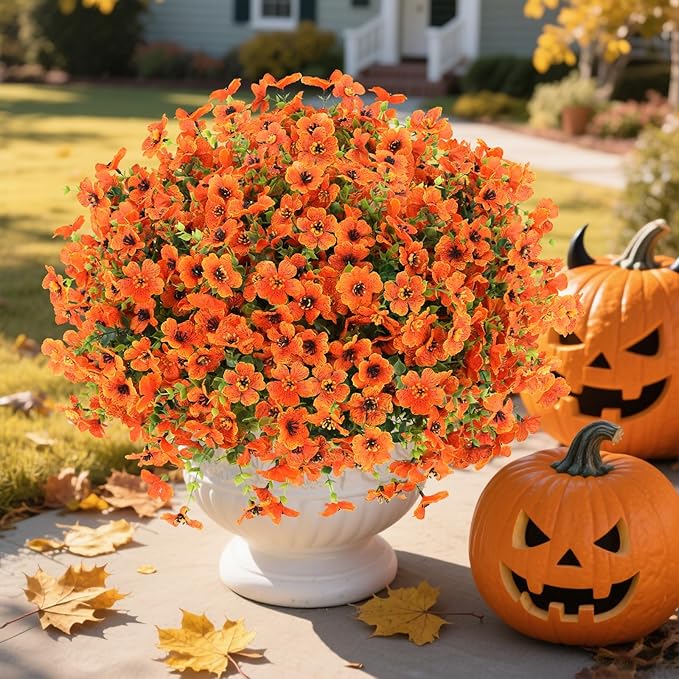 24 Bundles Fall Flowers Artificial for Halloween Decoration Outdoors, Fake Plants Autumn, Mums Daisy Eucalyptus Realistic UV Resistant for Garden Patio Porch Home Decor, Orange