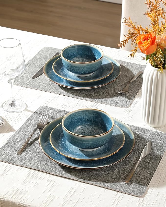 Sweejar Dinnerware Sets Service for 4, 12 pcs Porcelain Plates and Bowls for Kitchen, Housewaring Gift, Chip and Scratch Resistant Dish Set, Handmade Dishwasher and Microwave Safe Plate Set, Blue