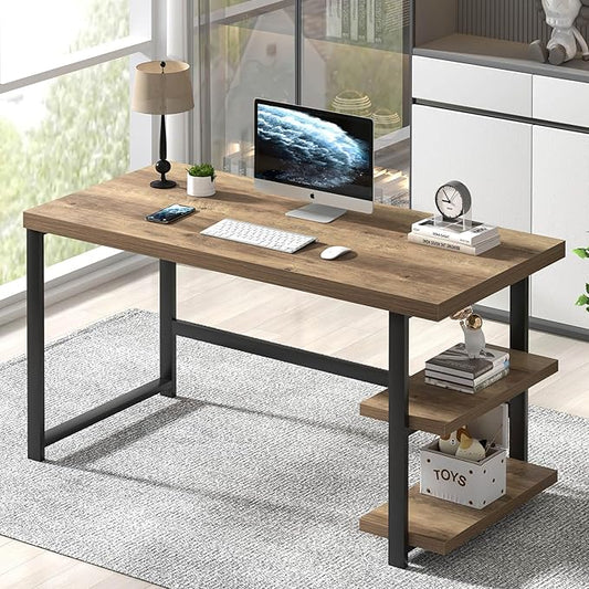FOLUBAN Computer Desk, Wood and Metal Home Office Desk with Storage Shelves, Small Study Writing Table Workstation for Bedroom Living Room, Rustic Oak, 47 Inch