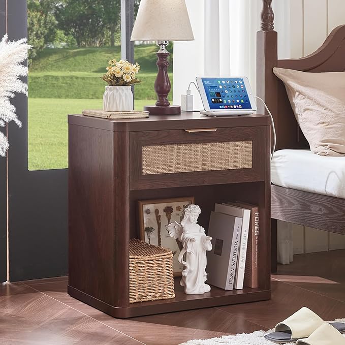 LEYAOYAO Rattan Nightstand with Charging Station, 23" Wide Boho Night Stand with Drawer, Walnut Bedside Table Open Storage Cabinet, Bed Side End Tables Dresser for Bedroom, Living Room, Hallway