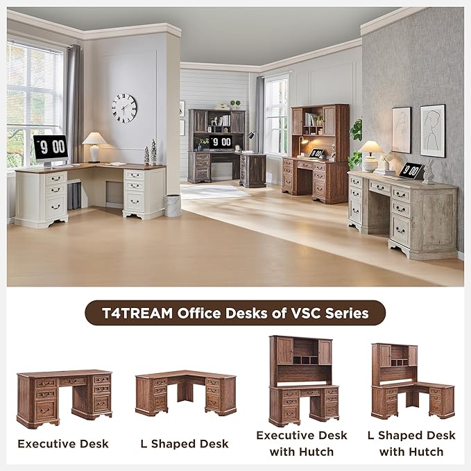T4TREAM 59" Farmhouse Executive Desk with Drawers,Wood Home Office Computer Desk, Featuring Keyboard Tray,Charging Station,File Drawer, Storage Cabinet,for Work and Study (Reclaimed Barnwood)