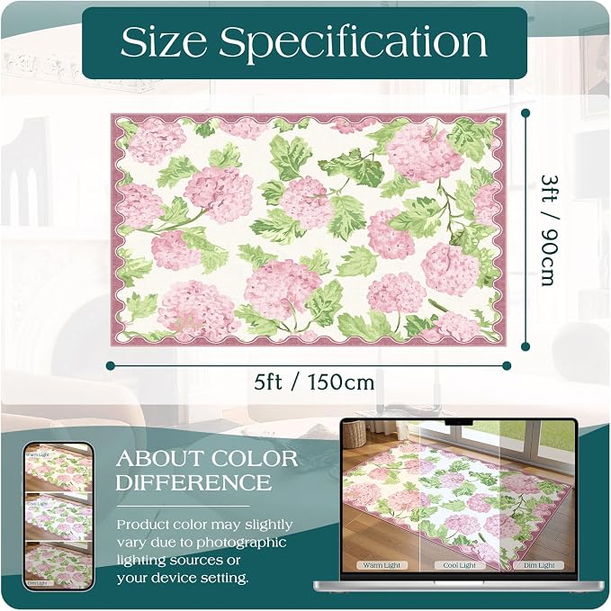 3x5 Entryway Rug - Small Washable Indoor Outdoor Mats for Front Door Non-Slip Porch Rug Boho Pink Floral Throw Rugs for Living Room Girls Bedroom Entryway Kitchen Office Front Porch Decor