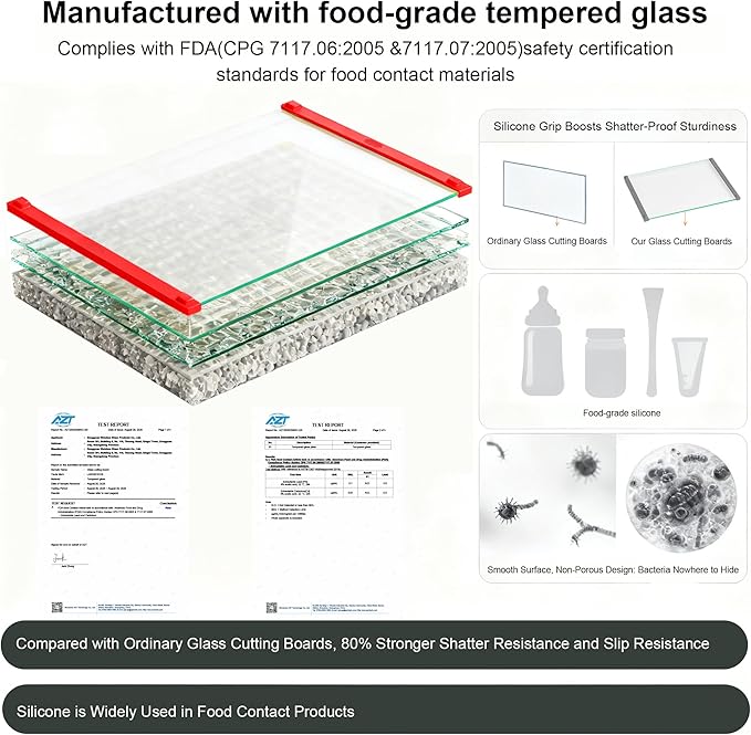 2PCS Glass Cutting Board with Silicone Grip, 80% Stronger Shatter Resistance and Slip Resistance,No Scratches/Microplastic-Free,Dishwasher Safe, Non Toxic Chopping Board for Kitchen (Red)