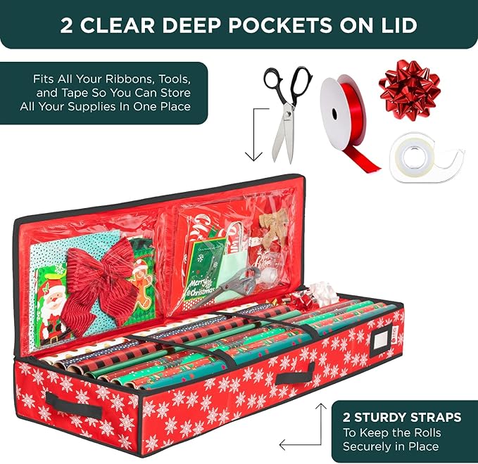 HOLDN' STORAGE Premium Wrapping Paper Storage Container - Durable 600D Tear-Proof, Fits 27 Rolls Gift Wrap, Extra Pockets for Ribbons & Bows, Underbed Storage - Ideal for Holiday Christmas, Red/White Snowflakes