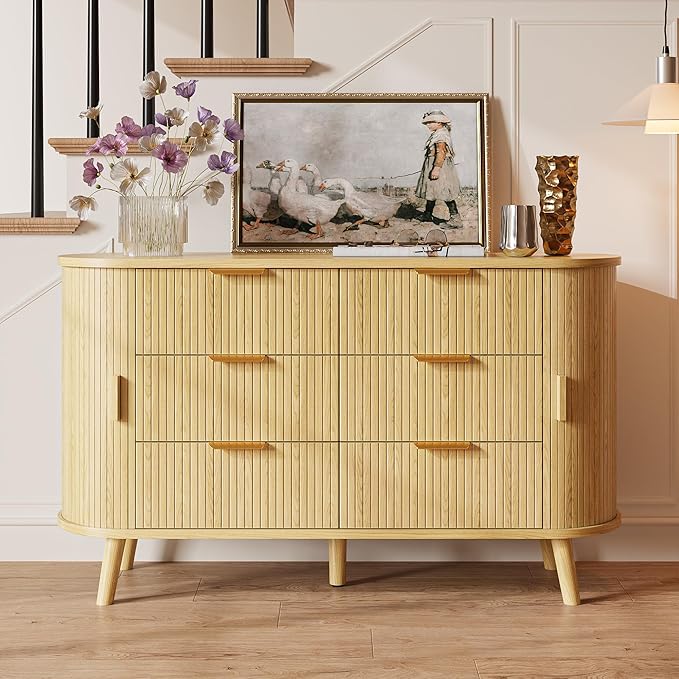 Fluted 6 Drawers Dresser, 55'' Wide Mid Century Modern Chest of Drawers with Sliding Door & Metal Handles, Curved Profile & Sturdy Legs, Wood TV Stand for Bedroom, Living Room (Natural Oak)