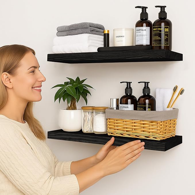 BGMG Wood Floating Shelves for Wall 24 inch,Black Floating Shelves,Solid Wood Wall Mount Shelves for Bathroom Living Room Bedroom Kitchen Farmhouse Set of 2-24x 6.7 x1.25 inch