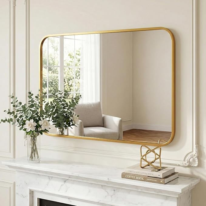 30x36 Inch Antique Gold Bathroom Vanity Mirrors | Flush Mount Deep Set Metal Wall Mirror for Over Sink | HD Shatterproof Glass, Rustproof | 1 Pack