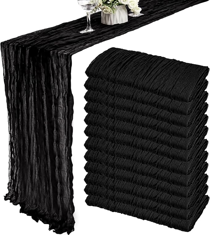 12 Pack Boho Gauze Table Runner 35x72 Inch - Rustic Cheese Cloth Long Table Runner for Wedding, Bridal Shower, Birthday Party Decor (Black)