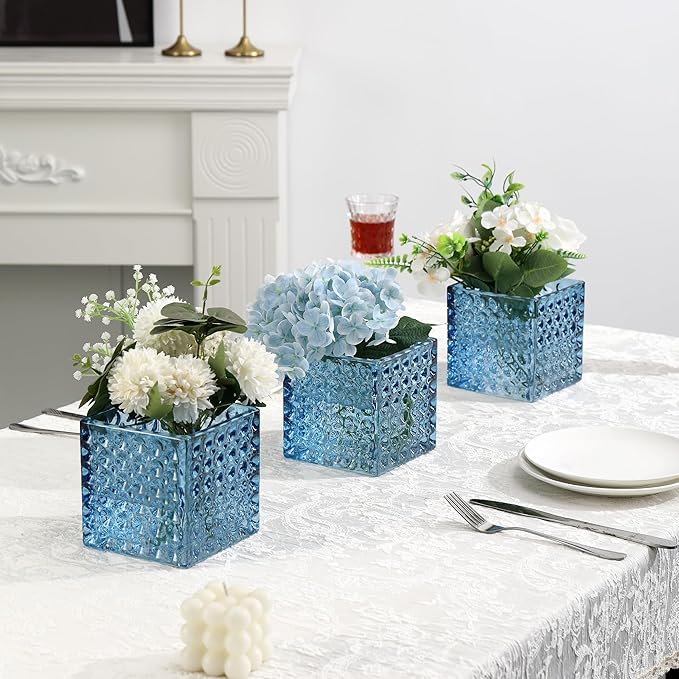 Square Vases Set of 6, 4" x 4" x 4" Square Glass Vases for Flowers, Blue Flower Vase for Centerpieces, Small Bubble Vase for Wedding, Party, Home, Office, Parties, Events