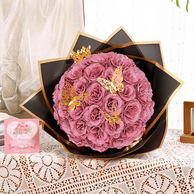 Waipfaru Glitter Roses Bouquet, DIY Fake Flowers Bouquet, Rose Gold Artificial Flower for Mothers Day Gifts, Valentines, Anniversary, Engagement, Wedding, 24 Pcs