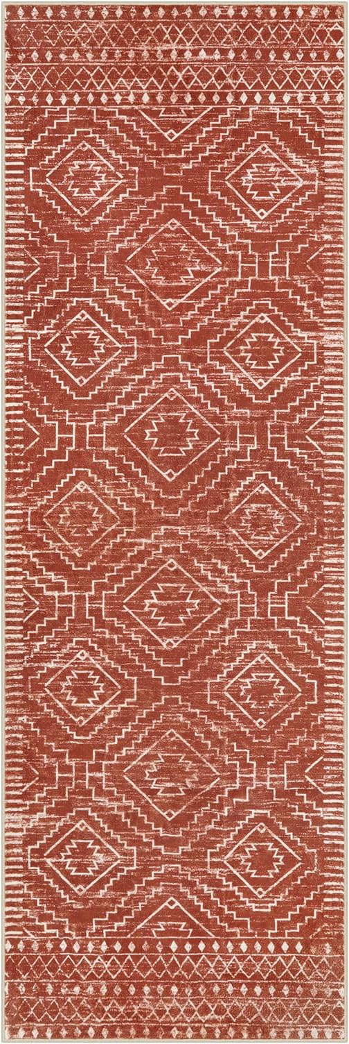 Wonnitar Moroccan Runner Rug 2x6, Washable Hallway Runner Rugs with Rubber Backing,Bohemian Geometric Kitchen Runner Non-Skid Soft Indoor Carpet for Bathroom Laundry Room (Brown,2'x6')