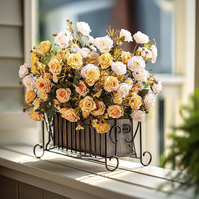Artificial Rose Flowers for Outdoor 4 Bundles Rose Bouquet with Daisy Faux Flowers UV Resistant for Home Indoor Outside Garden Porch Window Box Balcony Yard Porch Fall Decor (White+Yellow)