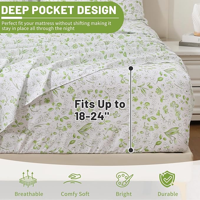 Bedlifes Queen Sheet Set Ultra Soft, Breathable, Silky Flower Deep Pocket 100% Microfiber Bedding, 4 Piece Queen Size Green Floral