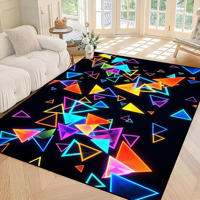 Triangle Area Rug 5'x7' Blacklight Glow in The Dark Geometric Rug Non-Slip Washable Colorful Neon Light Floor Mat for Bedroom Living Room Nursery Kitchen Playroom Home Decor