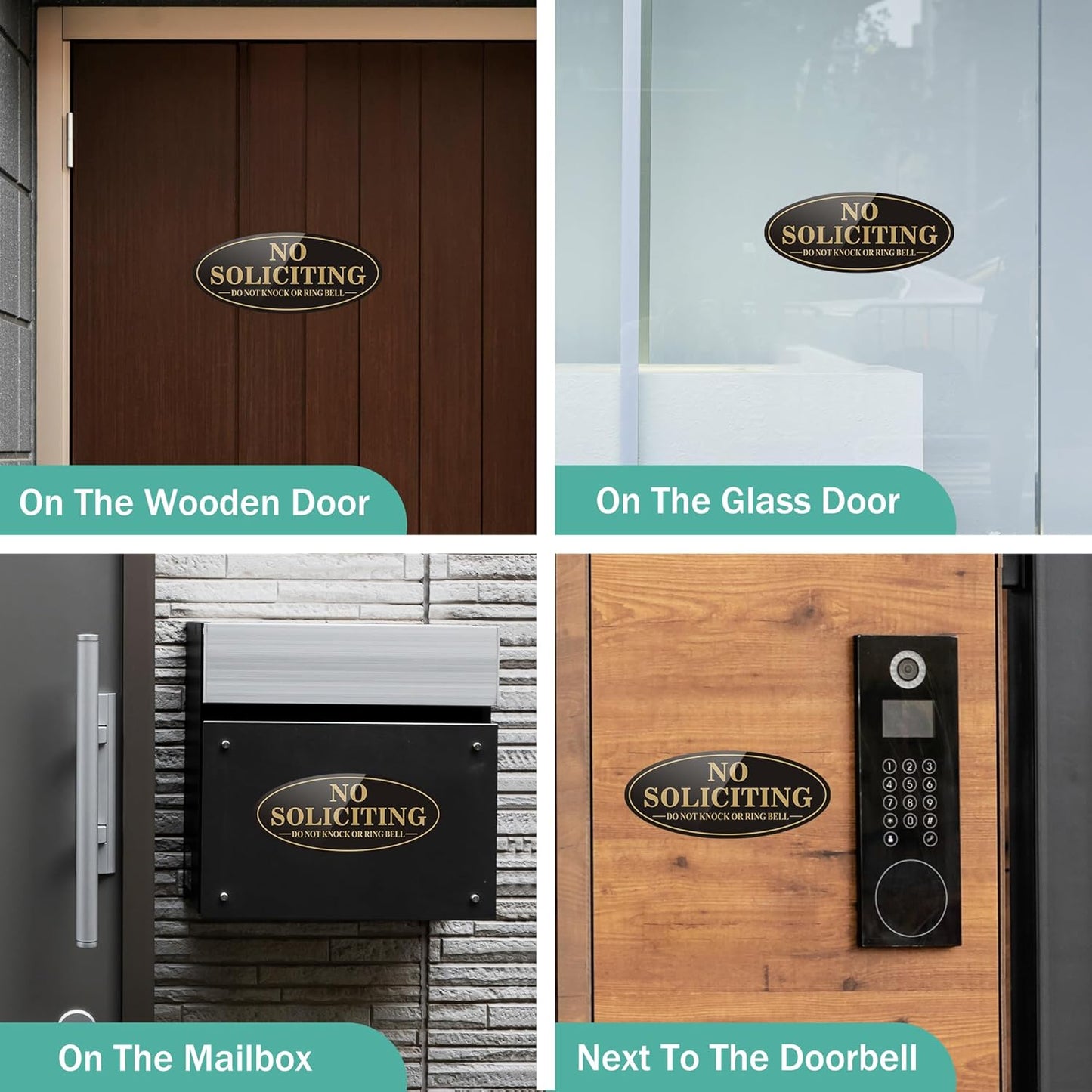 Skiennix No Soliciting Sign - Self-Adhesive Front Door Sticker | 2 Pack, Black/Gold, Small (5" x 2")