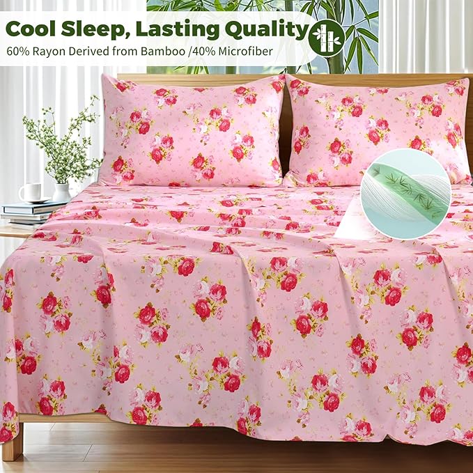 Bedlifes Extra Deep Pocket 18-24" King 4-Piece Sheet Set - Cooling Sheets Blend Rayon Derived from Bamboo Soft & Breathable,Featuring Pink Floral Red Rose