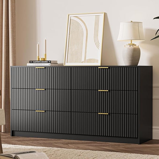 Black 6 Drawer Dresser for Bedroom, 55" Wide Modern Chest of Drawers with Gold Metal Handles, Fluted Wood TV Stand for Living Room, Hallway
