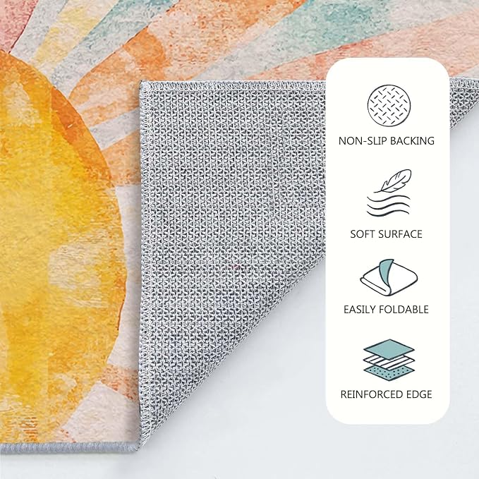 5x7 Boho Sun Area Rug Retro Orange Yellow Blue Beige Bedroom Rug Low Pile Thin Large Carpet Living Room Non Slip Dining Room Stain Resistant Office Washable Machine Classroom