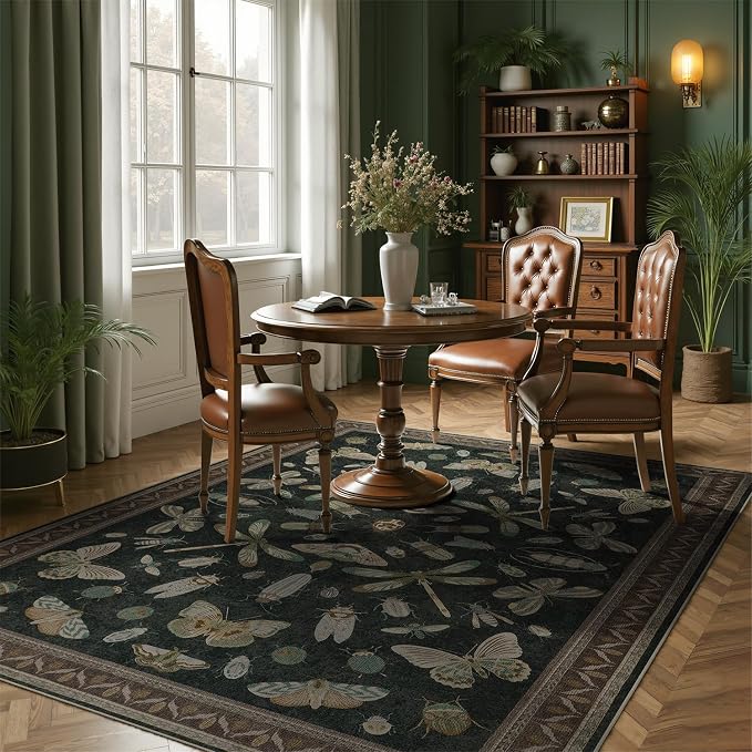 DCX 6x9 Washable Insect Rug, Vintage Gothic Black Rug with Non-Slip Rubber Backing, Soft Low-Pile, Stain-Resistant, Kid & Pet Friendly, for Living Room, Bedroom, Office, and Nature-Themed Decor