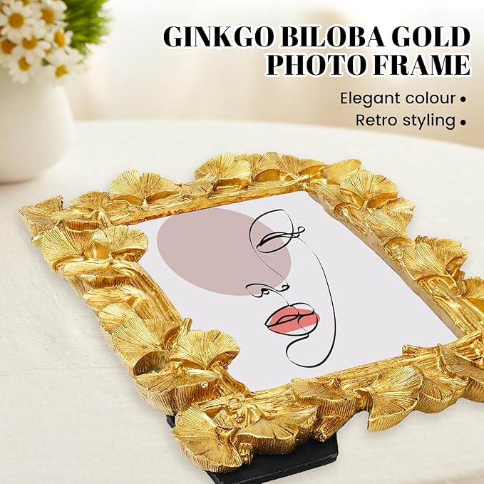 Gold Picture Frames, 4x6 Vintage Gold Frames, Ornate Ginkgo Leaf Textured Hand-Crafted Resin with Glass Front, Antique Photo Frame for Tabletop or Wall Hanging, Retro Design Home Decor