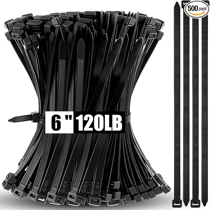 Reallnaive 500 Pcs 6 Inch Zip Ties Heavy Duty 120 Lbs Tensile Strength Black Nylon Wire Cable Ties Bulk for Indoor Outdoor
