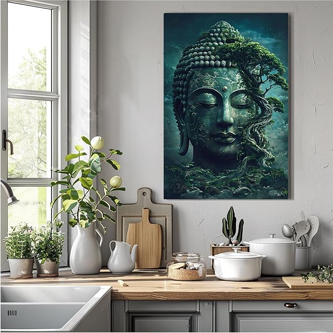 Buddha statue wall art canvas wall decor aesthetic picture mystical nature art for tranquil home and spiritual space 20x30in Frameless