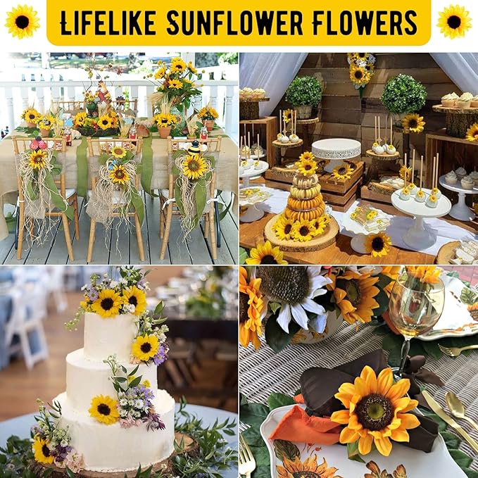 40pcs Fake Sunflower Heads with Stems, 4" Sunflower Artificial Silk Flower Heads for Party Baby Shower Wedding Making Handicrafts Home Decor(Yellow)