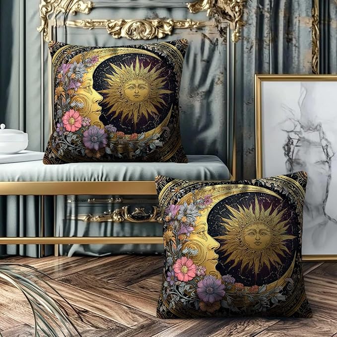 Sun and Moon Decorative Pillow Covers 18x18 Set of 2 | Cushion Cases with Invisible Zipper | Home Decor Throw Pillowcases for Couch, Sofa and Livingroom