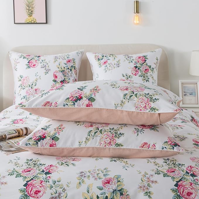 FADFAY Duvet Cover Set Twin Pink Rose Floral Bedding Shabby Peony Flower Quilt Cover Set Vintage Farmhouse Bedding 100% Cotton Soft Comforter Cover Set with Hidden Zipper Closure 3Pcs, Twin Size