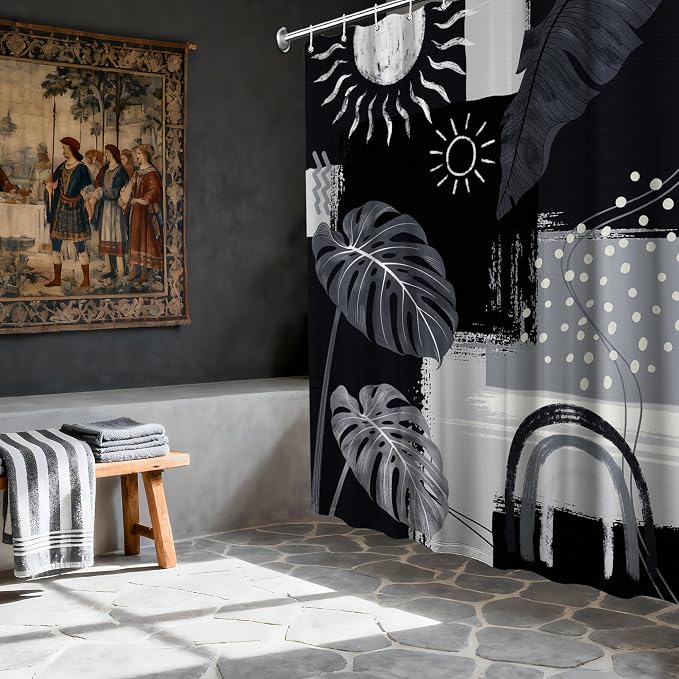 Black and Gray Mid Century Modern Shower Curtain Bohemian Abstract Dark Black and Grey Shower Curtains for Bathroom Decor Sets, Waterproof Cloth Fabric with Hooks, 70x78 Inch