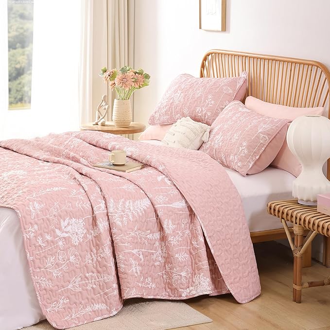JANZAA Quilts Queen Size Pink Quilt Botanical with Floral Pattern Microfiber Bedspreads Queen Size 3 Pieces Lightweight Comforter Reversible Bedding Set with 2 Pillow Cases
