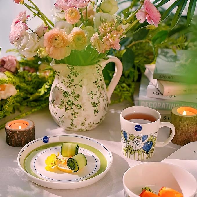 Ceramic Green and White Floral Vase with Handle, Rustic Farmhouse Pitcher Flower Vase, Chinoiserie Floral Vase for Home Decor, Living Room, Shelf, Office, Rustic Table Centerpiece 8 Inch