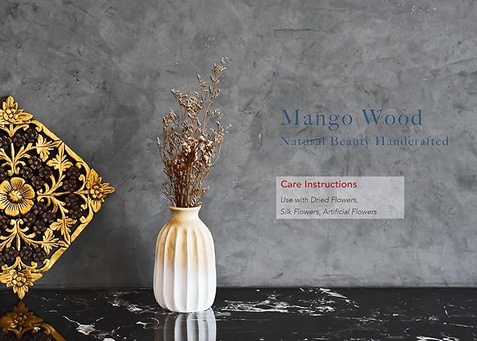 Handmade Ombre Mango Wood Vase – 8-Inch White Bottle-Shaped Decorative Accent – Modern Minimalist Flower Vase for Dried or Silk Florals – Fair Trade Artisan Home Decor