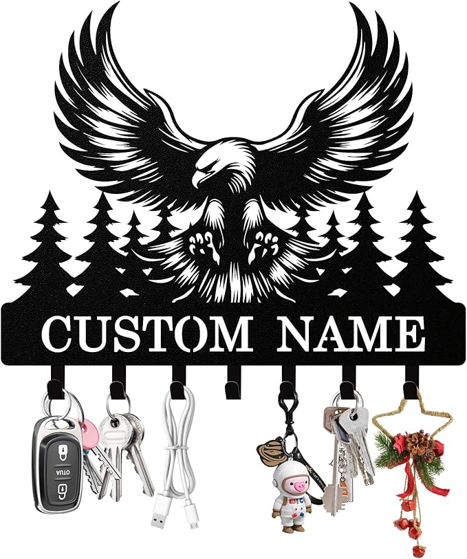 Syneiro Personalized Eagle Key Holder Wall Mount, Custom Metal Keys Holder for Wall with Name, Wall Home Key Hanger Rack with Hooks for Entryway, Front Door, Living Room, Kitchen, Bathroom, Garden